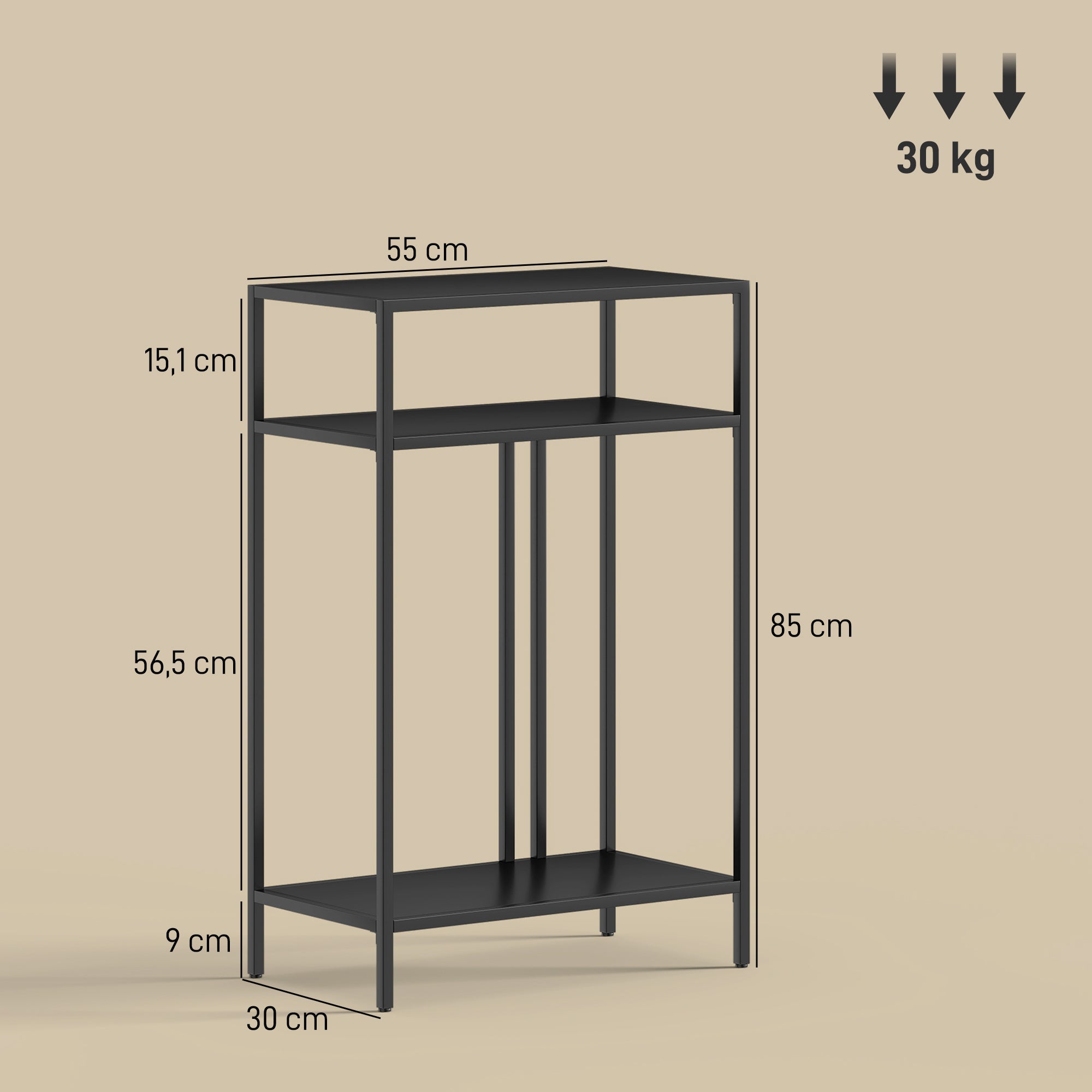 Narrow Console Table with 3 Tiers, Industrial Metal Side Table for Living Room & Hallway, 55 x 30 x 85 cm (21.7 x 11.8 x 33.5 in), Black