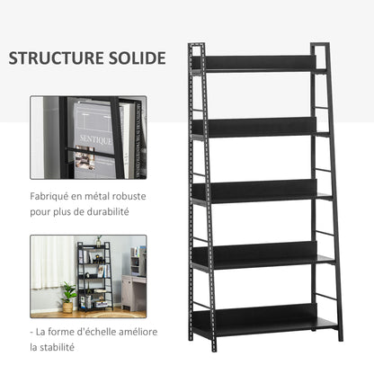 Industrial Style Leaning Bookshelf 5-Tier Storage 70L x 35W x 150H cm Black