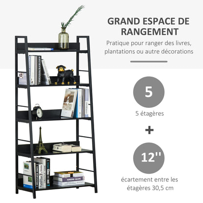 Industrial Style Leaning Bookshelf 5-Tier Storage 70L x 35W x 150H cm Black