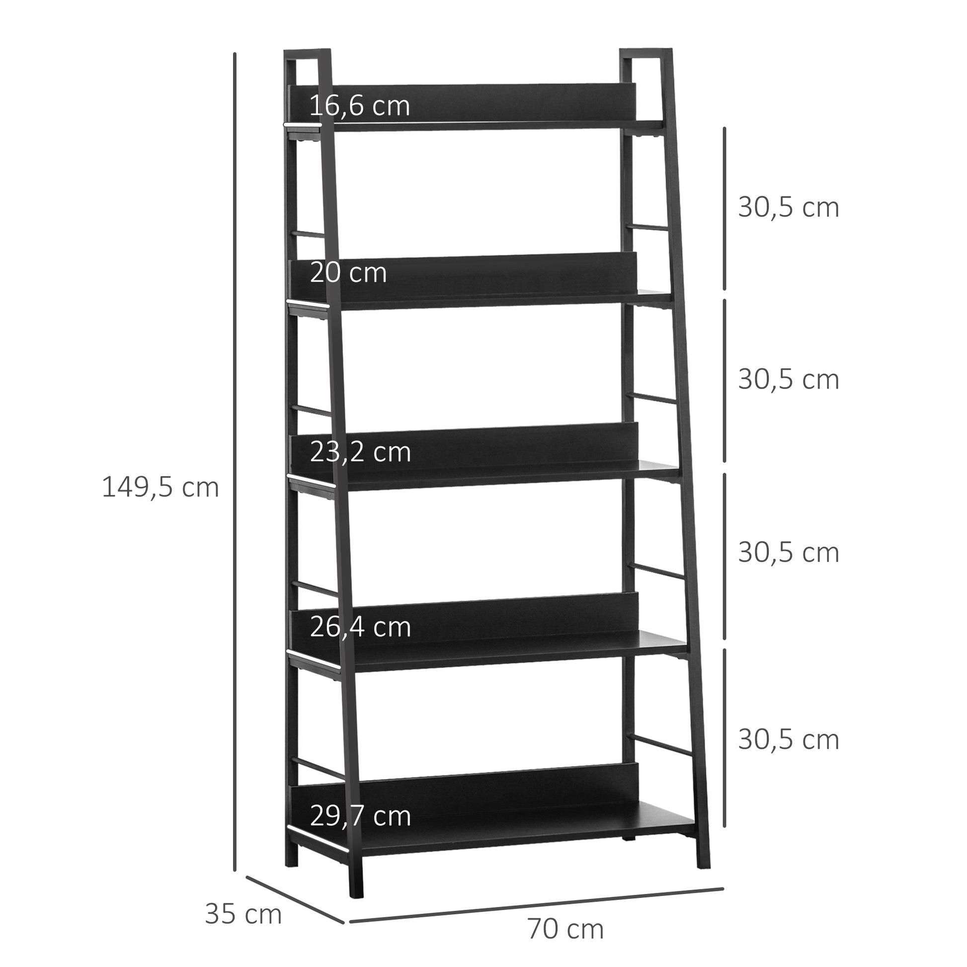 Industrial Style Leaning Bookshelf 5-Tier Storage 70L x 35W x 150H cm Black