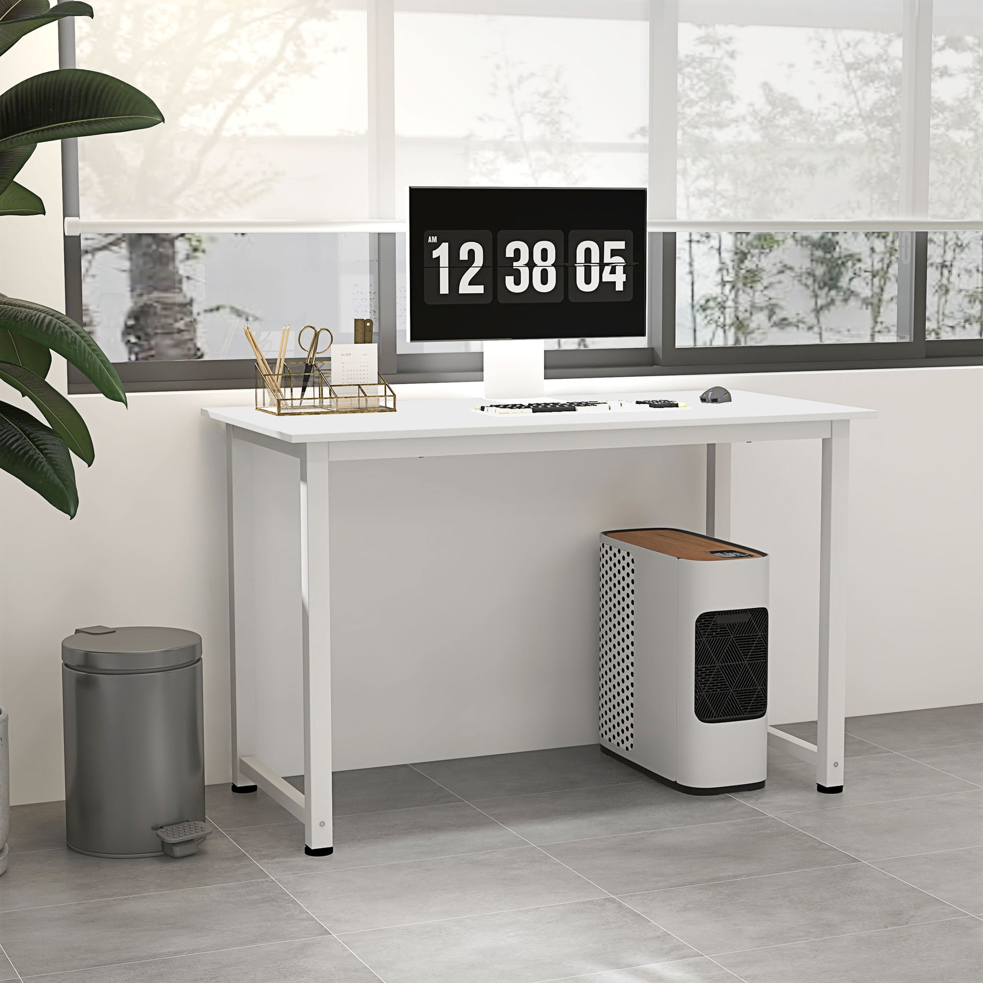 Modern Desk Study Table with Steel Frame and Adjustable Feet Computer Desk for Office Home 120x60x76 cm White