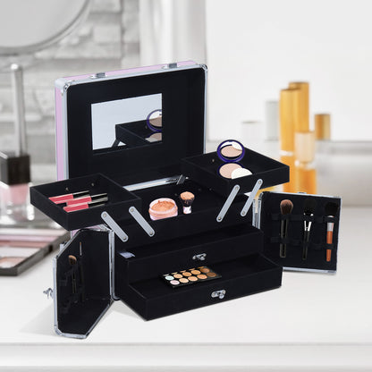 Makeup Case Organizer Professional Cosmetic Storage Beauty Box Portable Makeup Kit Various Compartments 29x21x20cm Aluminum