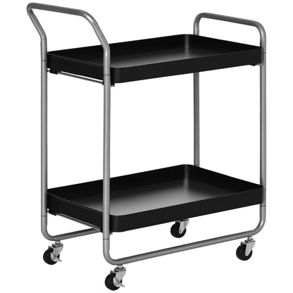2-Tier Serving Trolley with Handles and Swivel Wheels, Metal Storage Trolley for Kitchen Living Room, 63x40.4x83.5cm, Black