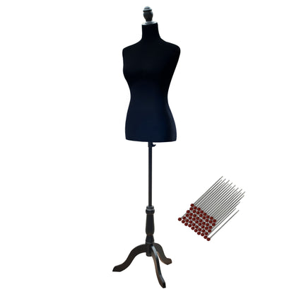 Sewing Mannequin Woman Mannequin Adjustable 130-168 cm with Wooden Tripod 50 Colorful Pins for Fashion Photography Clothing Exhibition Black