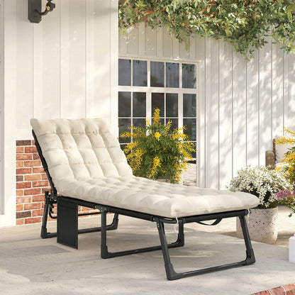 Folding Sun Lounger – Wide 5-Position Adjustable Garden Recliner with Padded Mattress, Headrest & Side Pocket, Breathable Mesh Relax Chair for Garden, Patio, Pool (Cream White)