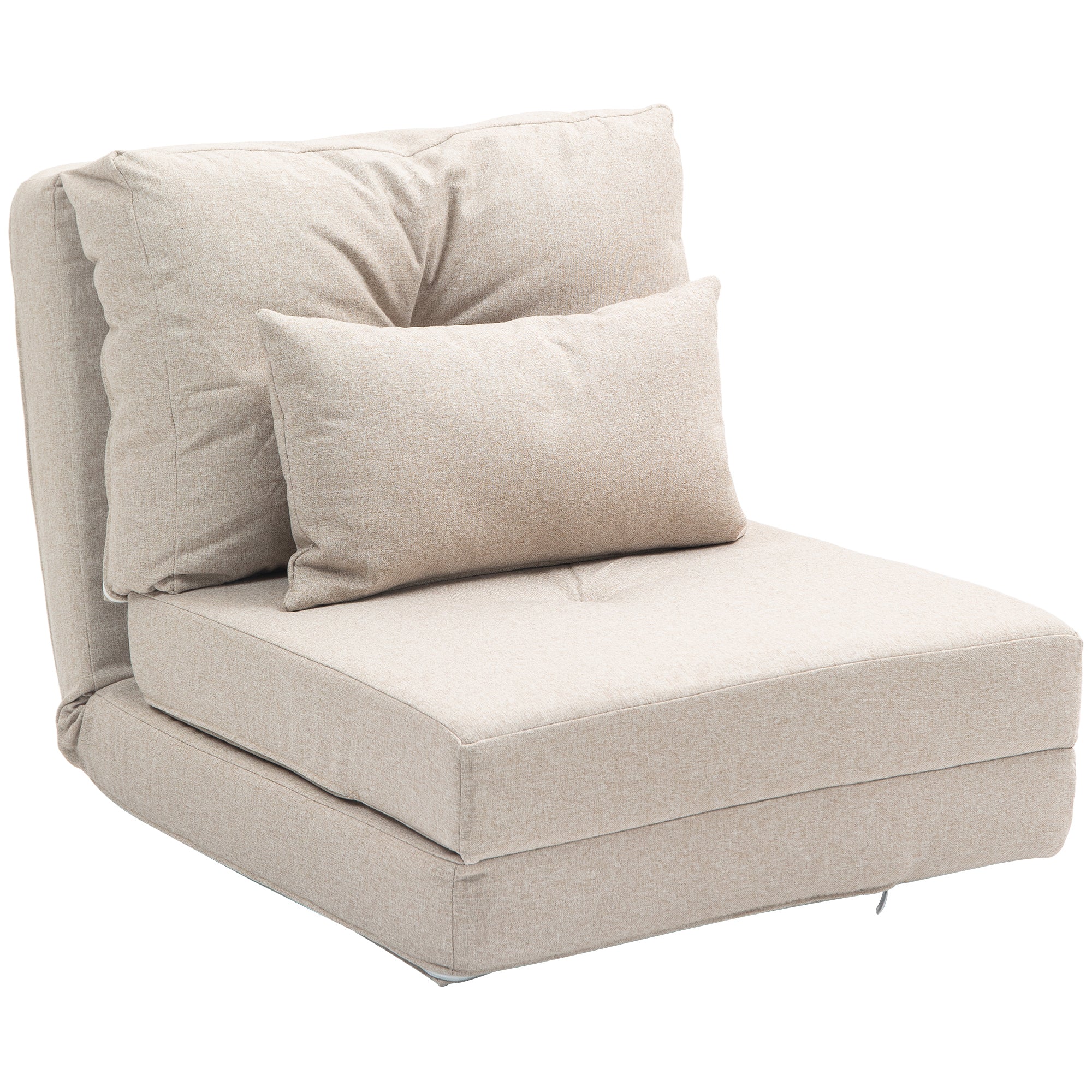 Single Convertible Chair Lazy Chair Lounger Bed - Includes Cushion, Adjustable Backrest - Living Room, 120 kg Load Capacity, Beige Linen Fabric
