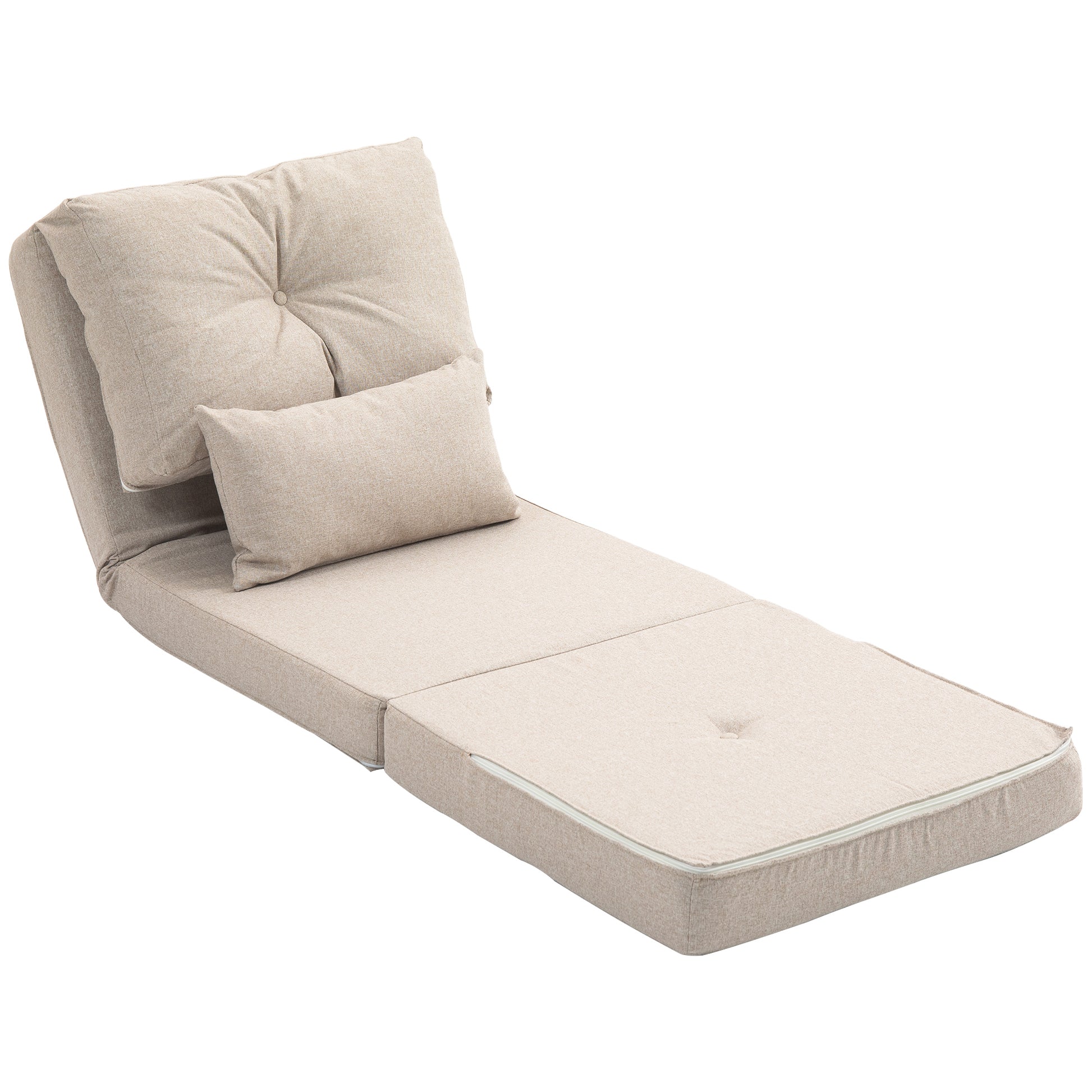 Single Convertible Chair Lazy Chair Lounger Bed - Includes Cushion, Adjustable Backrest - Living Room, 120 kg Load Capacity, Beige Linen Fabric