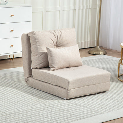 Single Convertible Chair Lazy Chair Lounger Bed - Includes Cushion, Adjustable Backrest - Living Room, 120 kg Load Capacity, Beige Linen Fabric