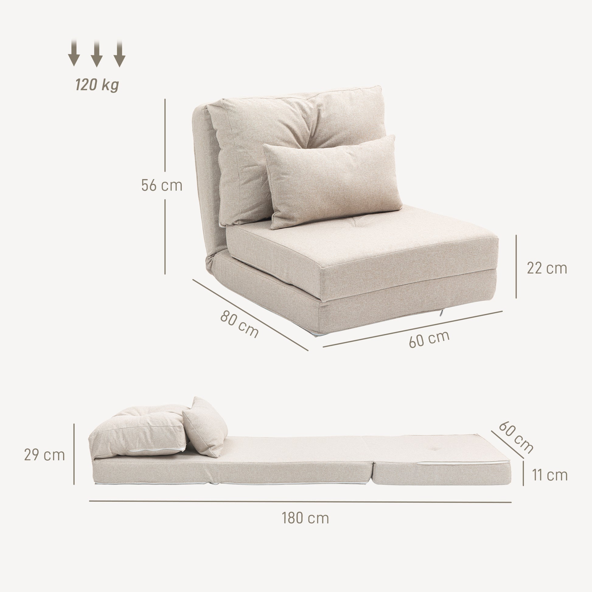 Single Convertible Chair Lazy Chair Lounger Bed - Includes Cushion, Adjustable Backrest - Living Room, 120 kg Load Capacity, Beige Linen Fabric