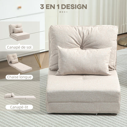 Single Convertible Chair Lazy Chair Lounger Bed - Includes Cushion, Adjustable Backrest - Living Room, 120 kg Load Capacity, Beige Linen Fabric