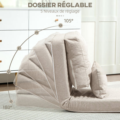 Single Convertible Chair Lazy Chair Lounger Bed - Includes Cushion, Adjustable Backrest - Living Room, 120 kg Load Capacity, Beige Linen Fabric