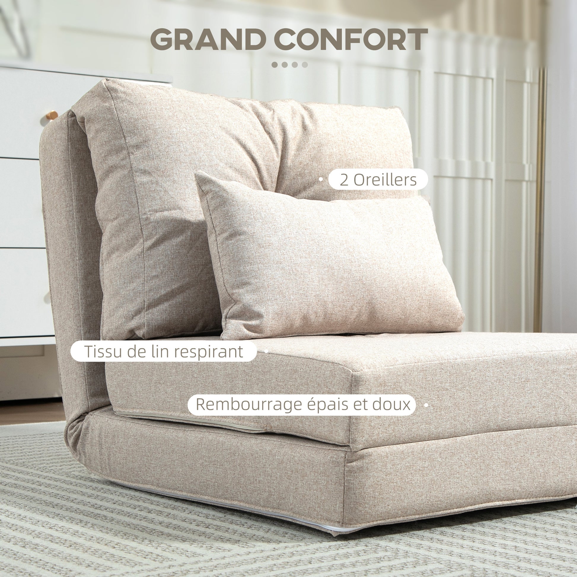 Single Convertible Chair Lazy Chair Lounger Bed - Includes Cushion, Adjustable Backrest - Living Room, 120 kg Load Capacity, Beige Linen Fabric