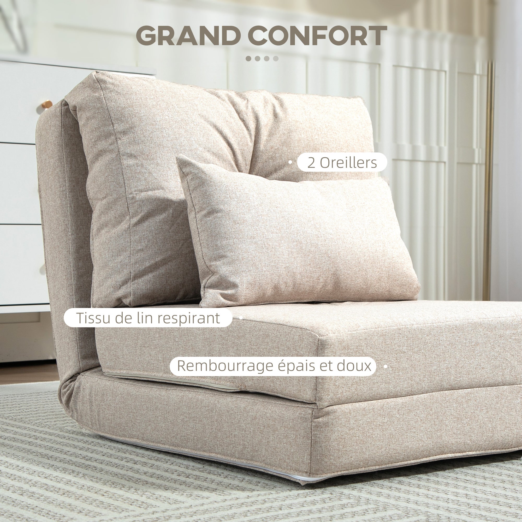 Single Convertible Chair Lazy Chair Lounger Bed - Includes Cushion, Adjustable Backrest - Living Room, 120 kg Load Capacity, Beige Linen Fabric