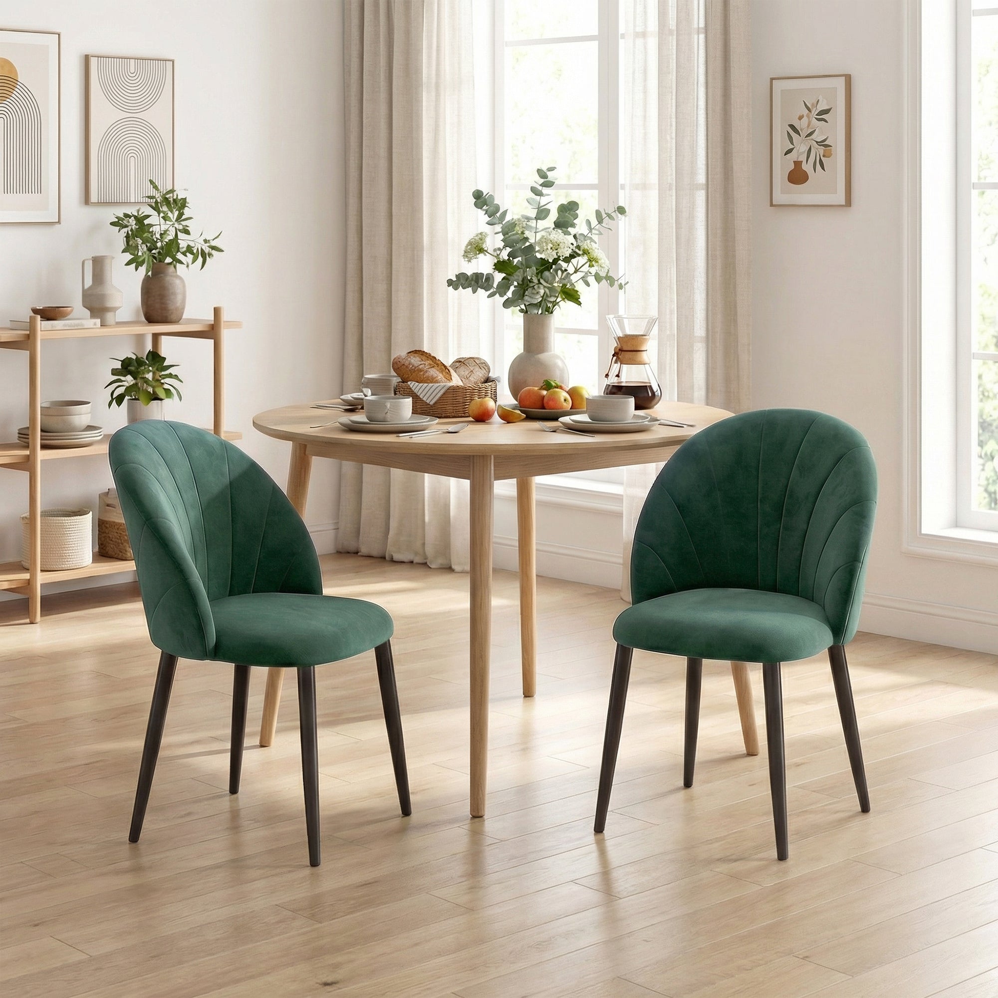 Set of 2 Dark Green Velvet Dining Chairs — Padded Armless Side Chairs with Steel Legs