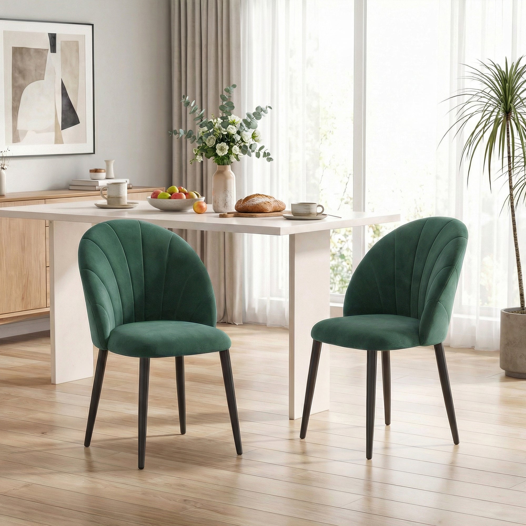 Set of 2 Dark Green Velvet Dining Chairs — Padded Armless Side Chairs with Steel Legs