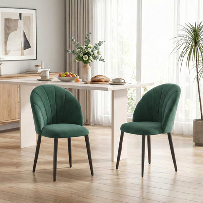 Set of 2 Dark Green Velvet Dining Chairs — Padded Armless Side Chairs with Steel Legs