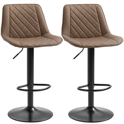 Set of 2 High Kitchen Stools Upholstered in PU Bar Stools with Adjustable Height Swivel Seat and Footrest Load 120 kg 46.5x51x86-106 cm Brown