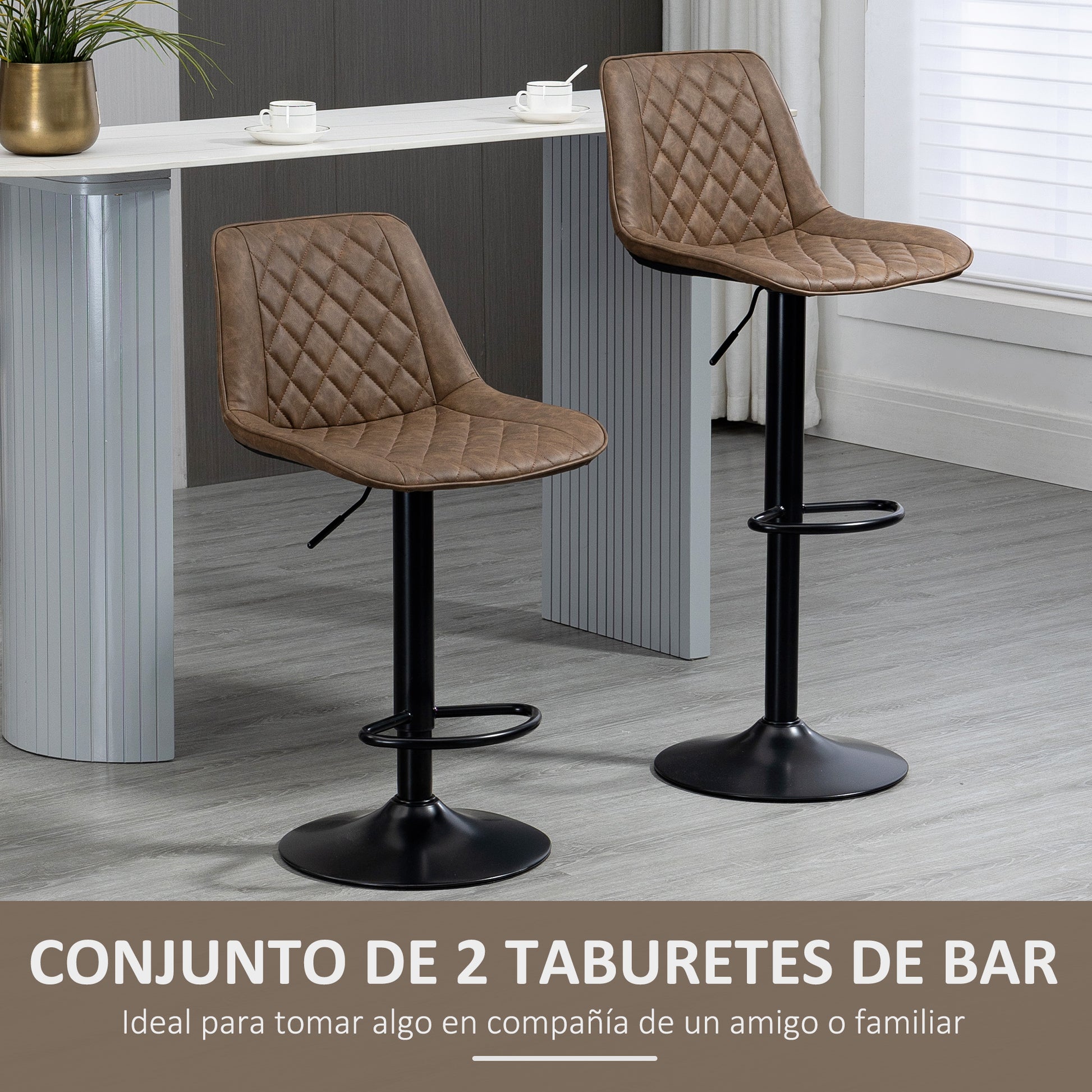 Set of 2 High Kitchen Stools Upholstered in PU Bar Stools with Adjustable Height Swivel Seat and Footrest Load 120 kg 46.5x51x86-106 cm Brown