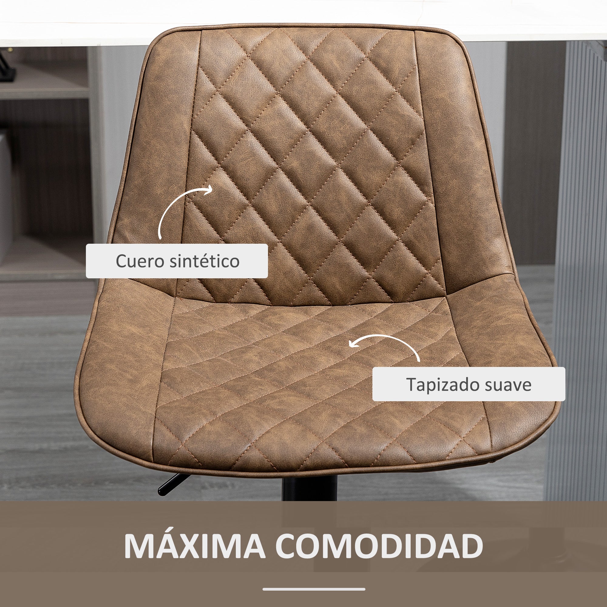Set of 2 High Kitchen Stools Upholstered in PU Bar Stools with Adjustable Height Swivel Seat and Footrest Load 120 kg 46.5x51x86-106 cm Brown