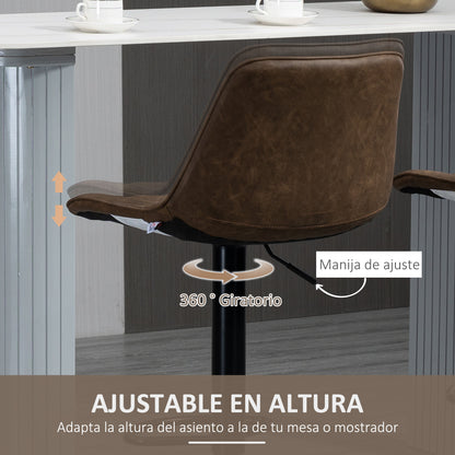 Set of 2 High Kitchen Stools Upholstered in PU Bar Stools with Adjustable Height Swivel Seat and Footrest Load 120 kg 46.5x51x86-106 cm Brown