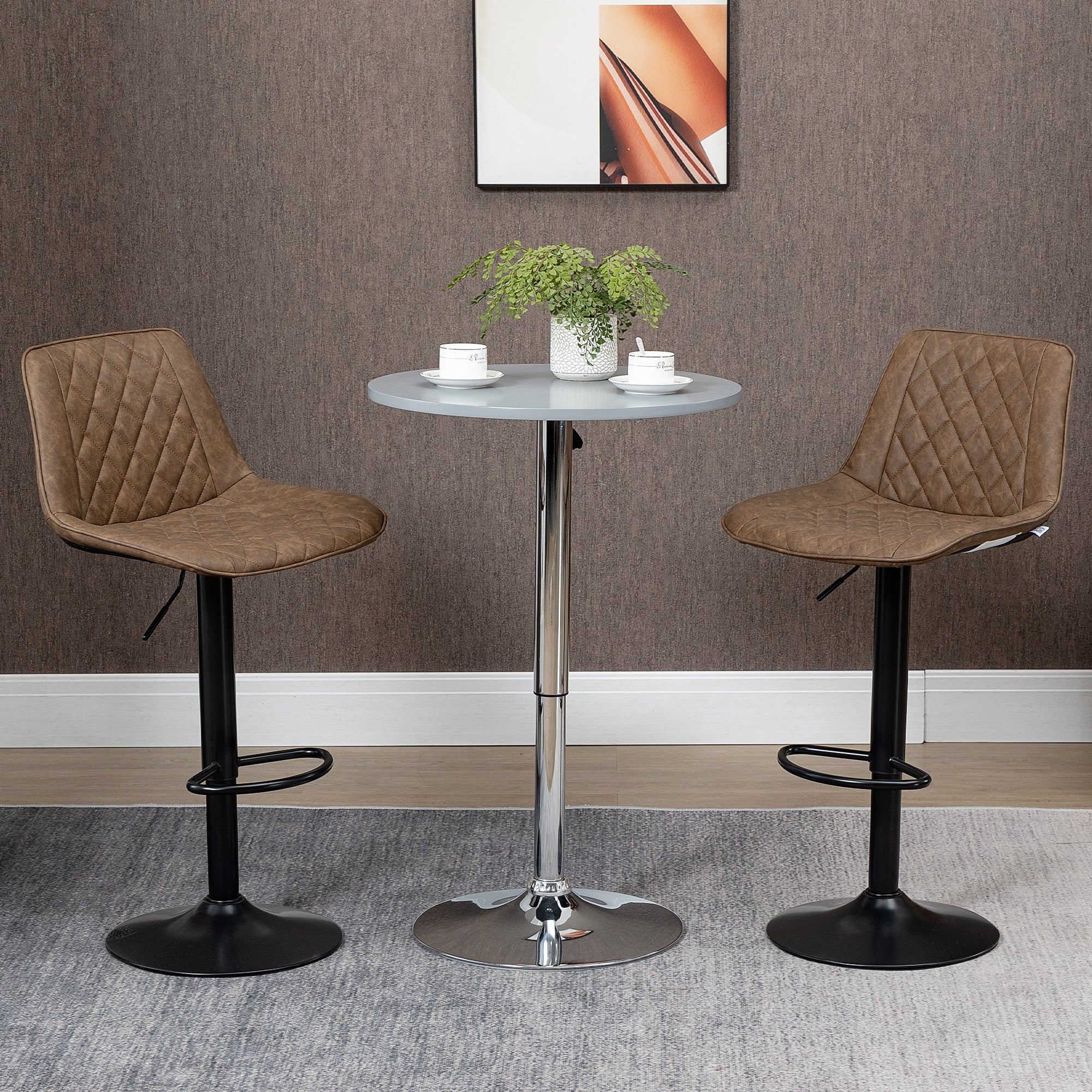 Set of 2 High Kitchen Stools Upholstered in PU Bar Stools with Adjustable Height Swivel Seat and Footrest Load 120 kg 46.5x51x86-106 cm Brown