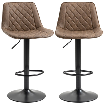 Set of 2 High Kitchen Stools Upholstered in PU Bar Stools with Adjustable Height Swivel Seat and Footrest Load 120 kg 46.5x51x86-106 cm Brown
