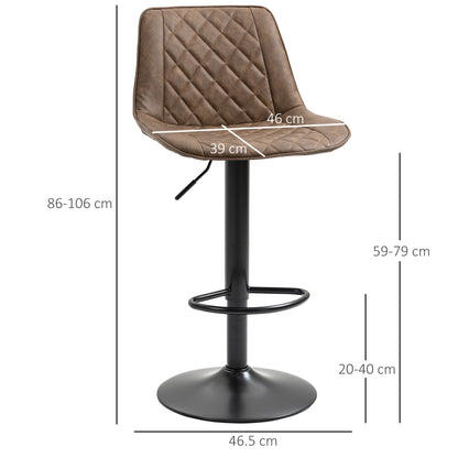 Set of 2 High Kitchen Stools Upholstered in PU Bar Stools with Adjustable Height Swivel Seat and Footrest Load 120 kg 46.5x51x86-106 cm Brown