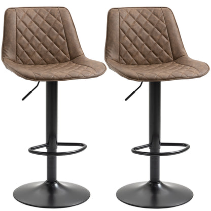 Set of 2 High Kitchen Stools Upholstered in PU Bar Stools with Adjustable Height Swivel Seat and Footrest Load 120 kg 46.5x51x86-106 cm Brown