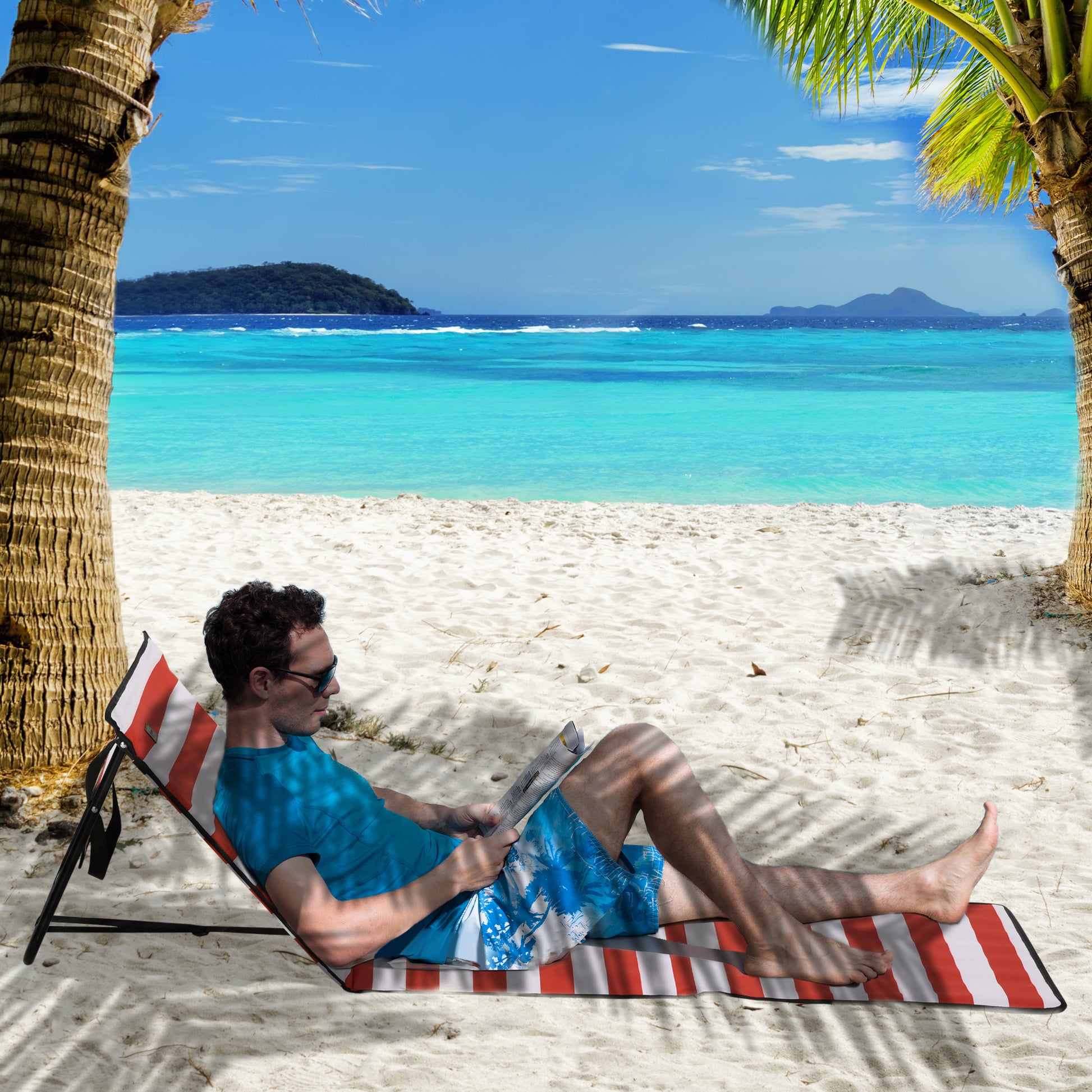 2-Piece Beach Mat Set, Foldable Beach Lounger with Carrying Bag, Adjustable Backrest, Sun Lounger with 110 kg Weight Capacity, Beach Mat, Magazine Pocket for Garden Outdoor, Red