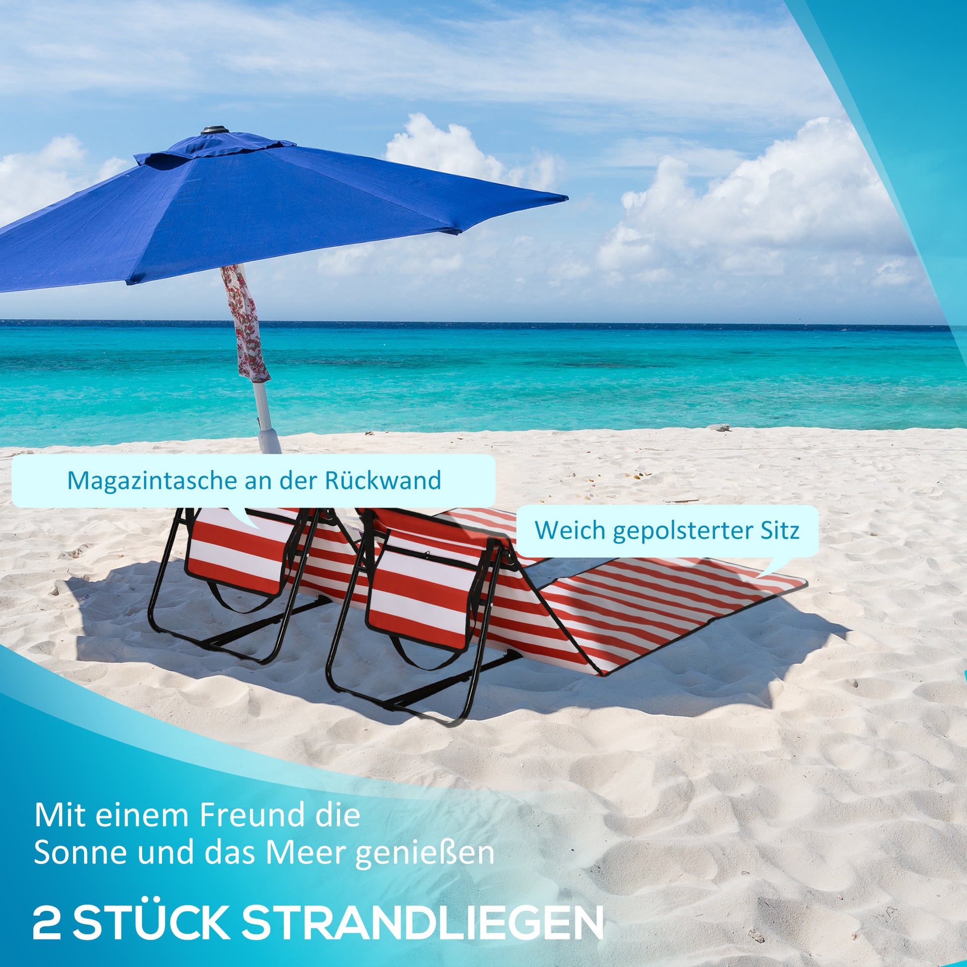 2-Piece Beach Mat Set, Foldable Beach Lounger with Carrying Bag, Adjustable Backrest, Sun Lounger with 110 kg Weight Capacity, Beach Mat, Magazine Pocket for Garden Outdoor, Red