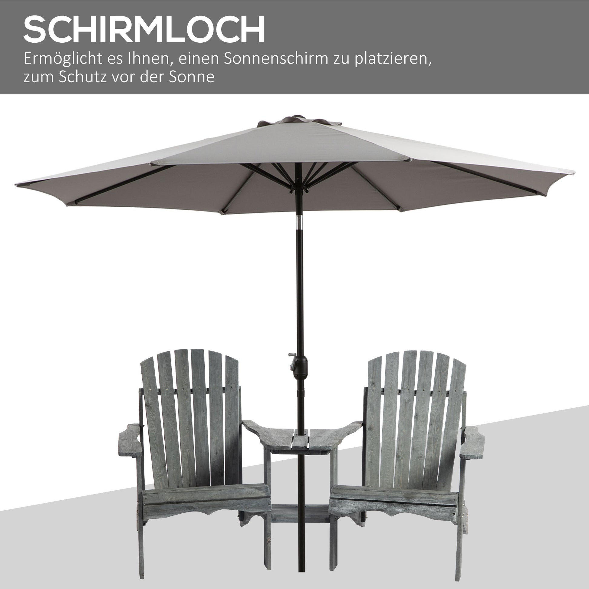 Adirondack Garden Chair with Table and Umbrella Hole 2-Seater Patio Chair Seating Group Patio Furniture for Balcony Solid Wood Gray 178 x 87 x 92 cm