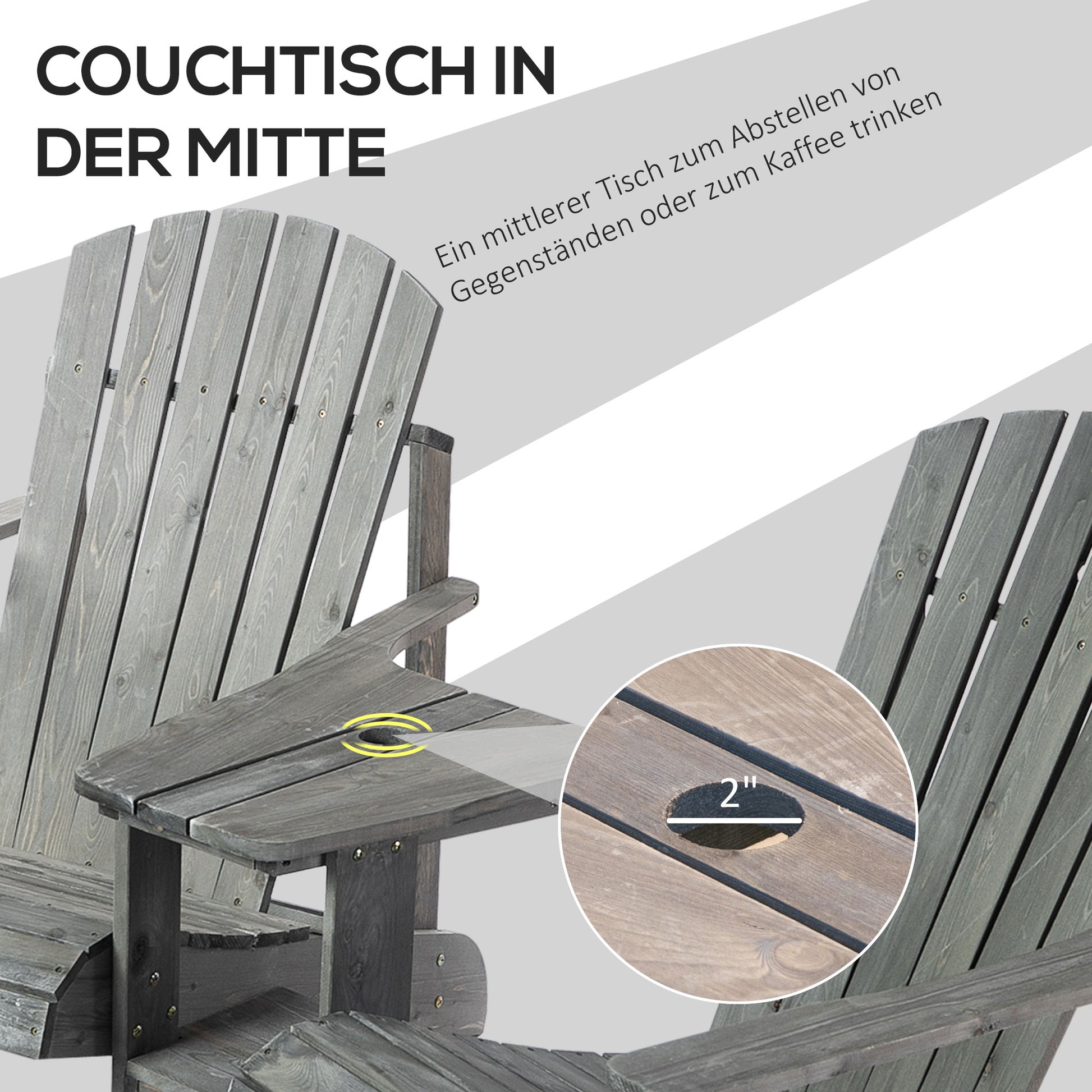 Adirondack Garden Chair with Table and Umbrella Hole 2-Seater Patio Chair Seating Group Patio Furniture for Balcony Solid Wood Gray 178 x 87 x 92 cm