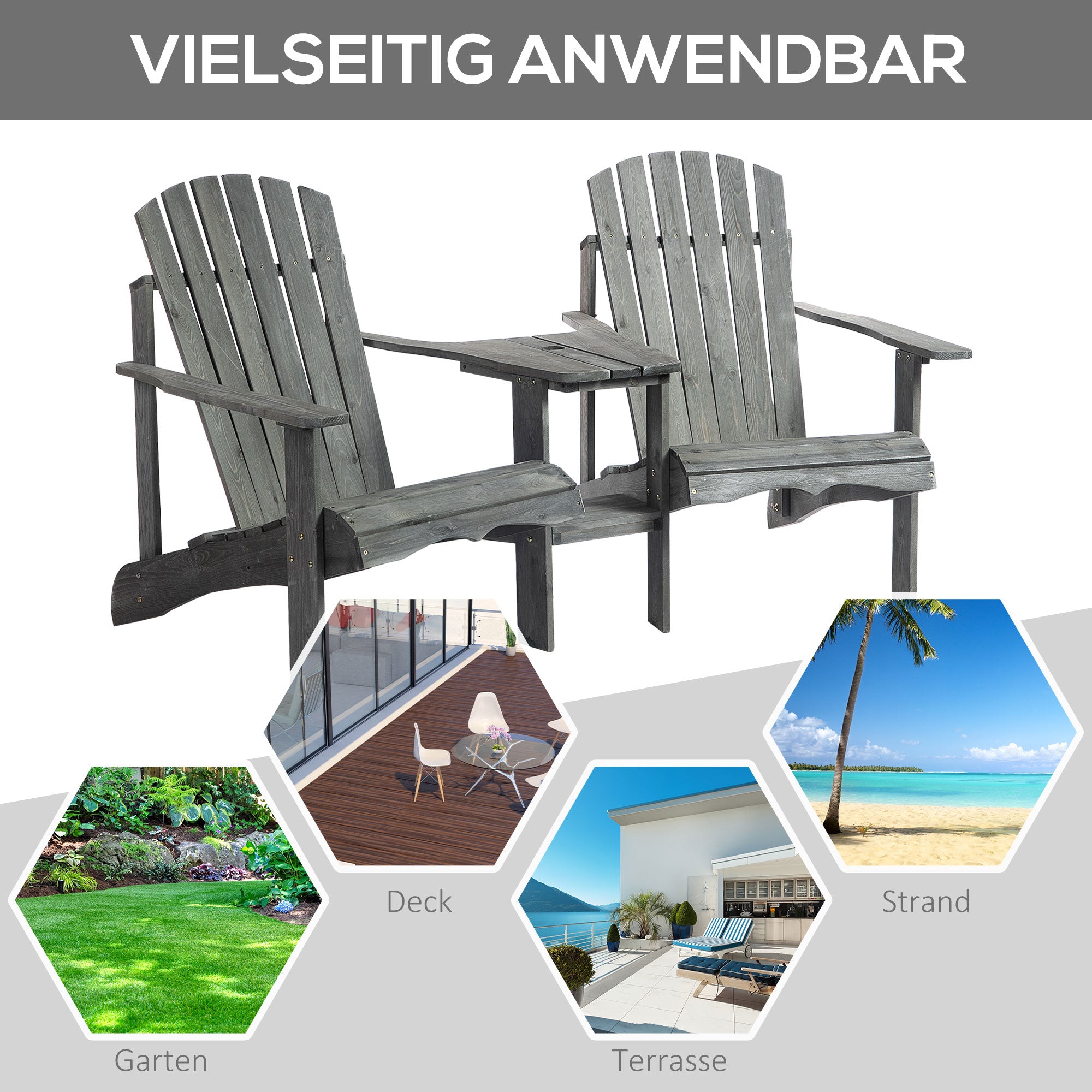 Adirondack Garden Chair with Table and Umbrella Hole 2-Seater Patio Chair Seating Group Patio Furniture for Balcony Solid Wood Gray 178 x 87 x 92 cm