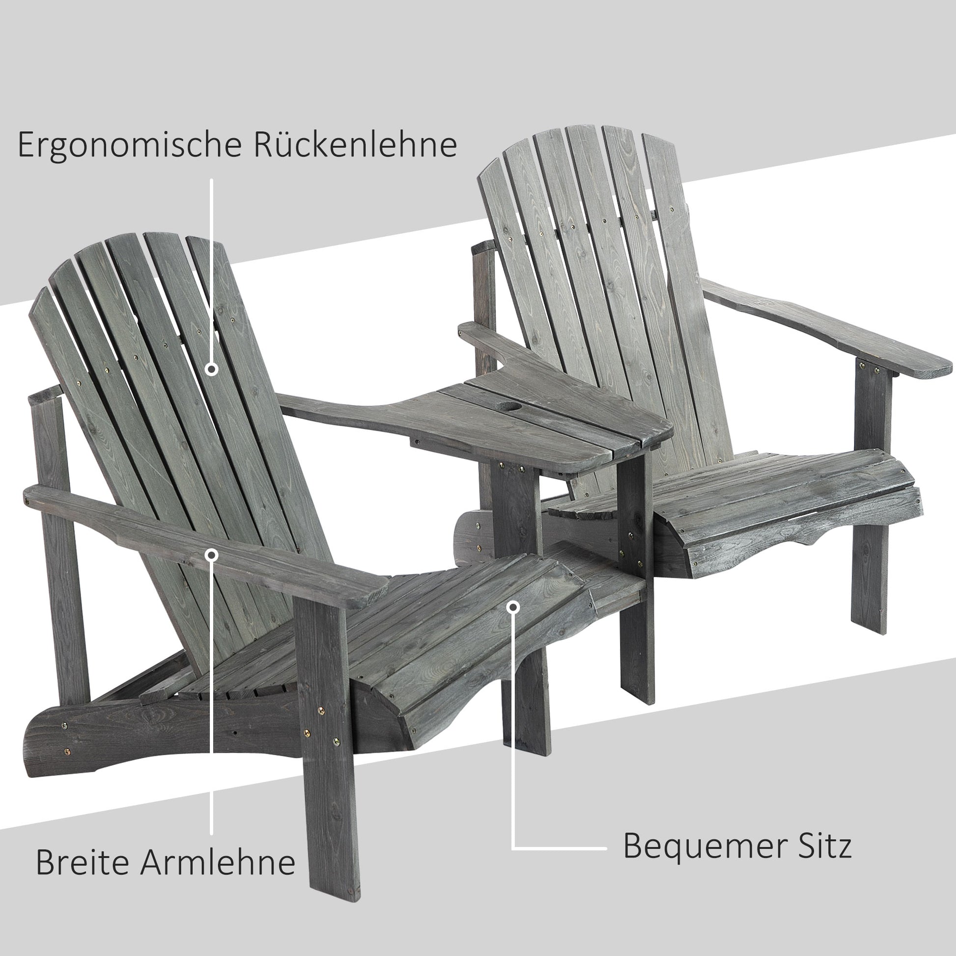 Adirondack Garden Chair with Table and Umbrella Hole 2-Seater Patio Chair Seating Group Patio Furniture for Balcony Solid Wood Gray 178 x 87 x 92 cm