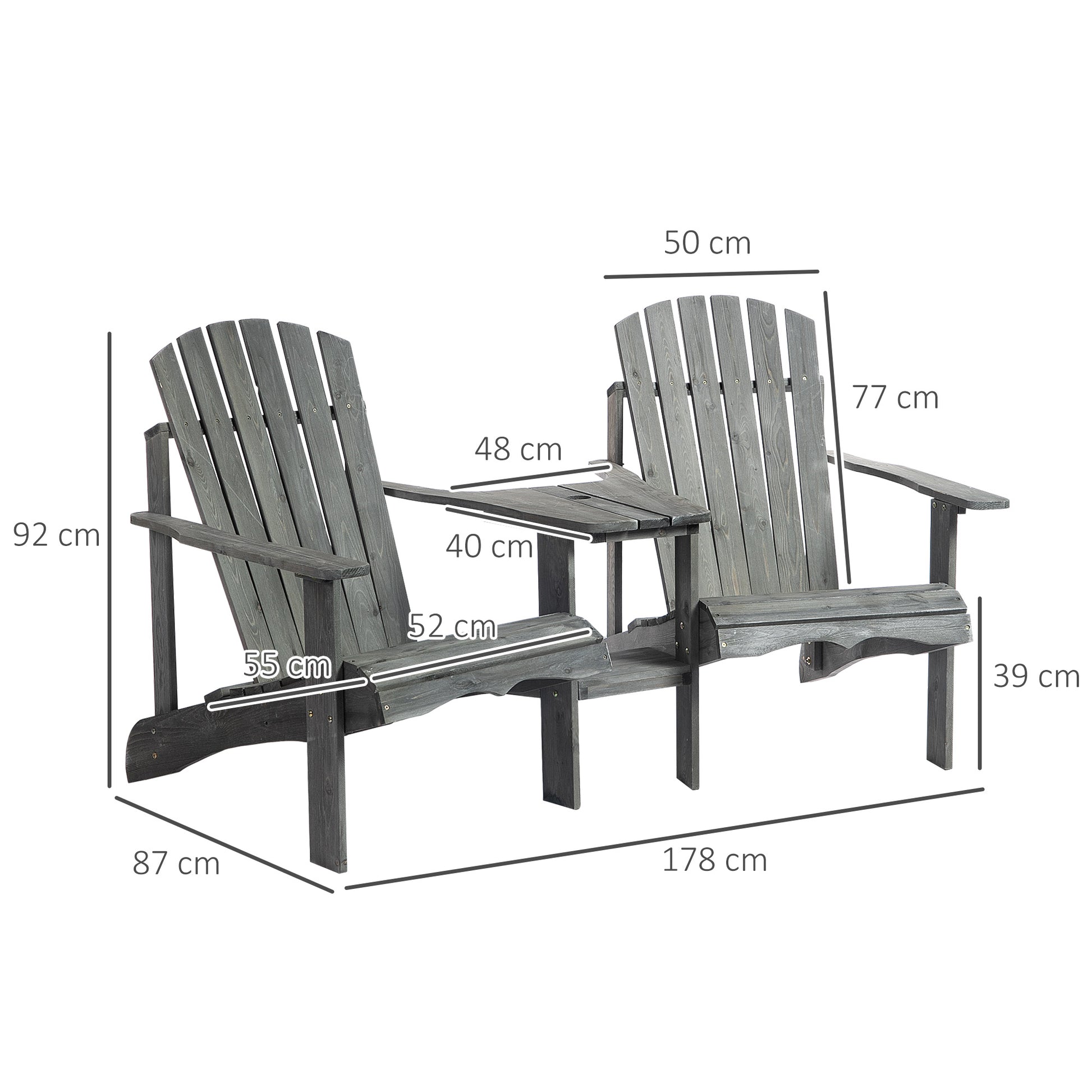 Adirondack Garden Chair with Table and Umbrella Hole 2-Seater Patio Chair Seating Group Patio Furniture for Balcony Solid Wood Gray 178 x 87 x 92 cm