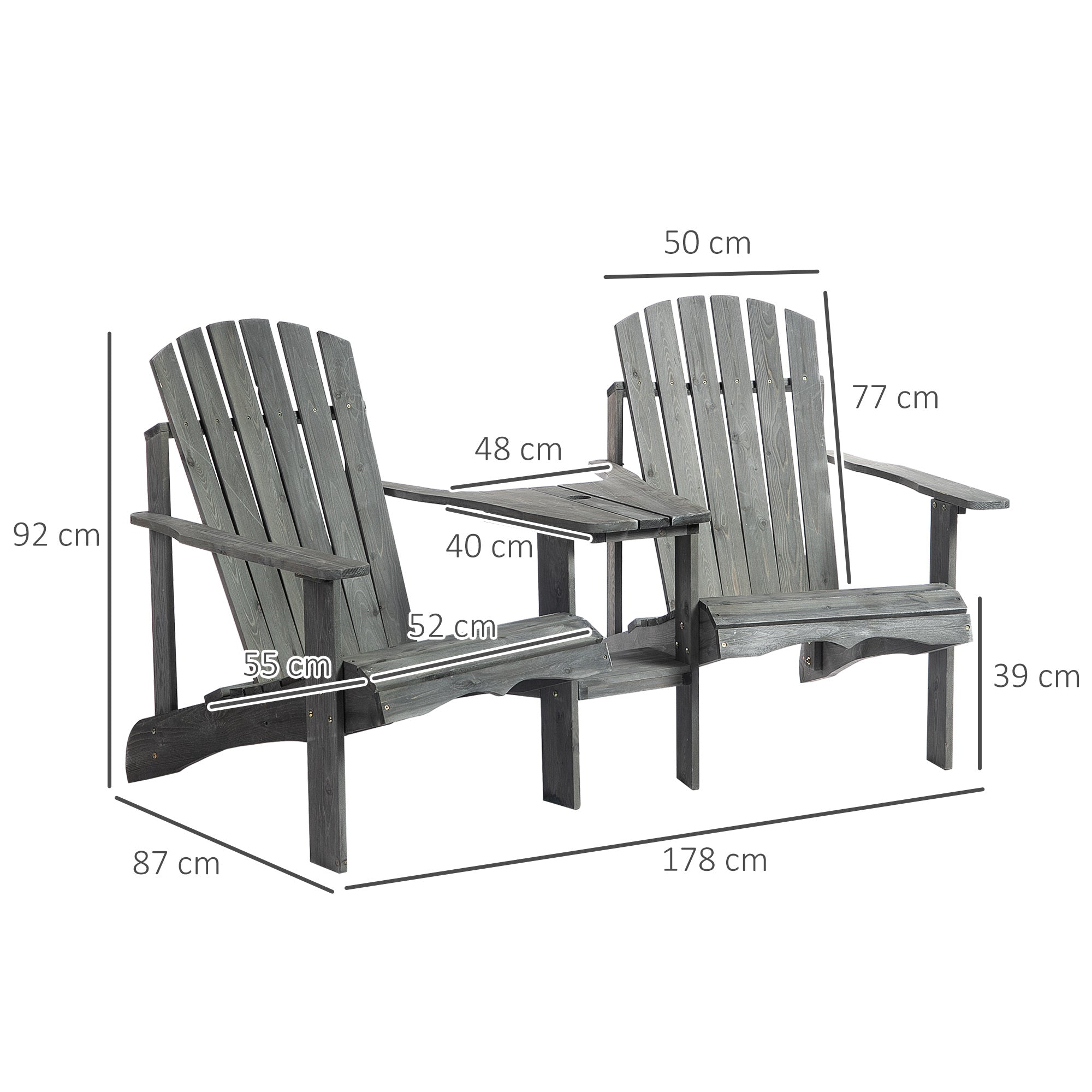 Adirondack Garden Chair with Table and Umbrella Hole 2-Seater Patio Chair Seating Group Patio Furniture for Balcony Solid Wood Gray 178 x 87 x 92 cm