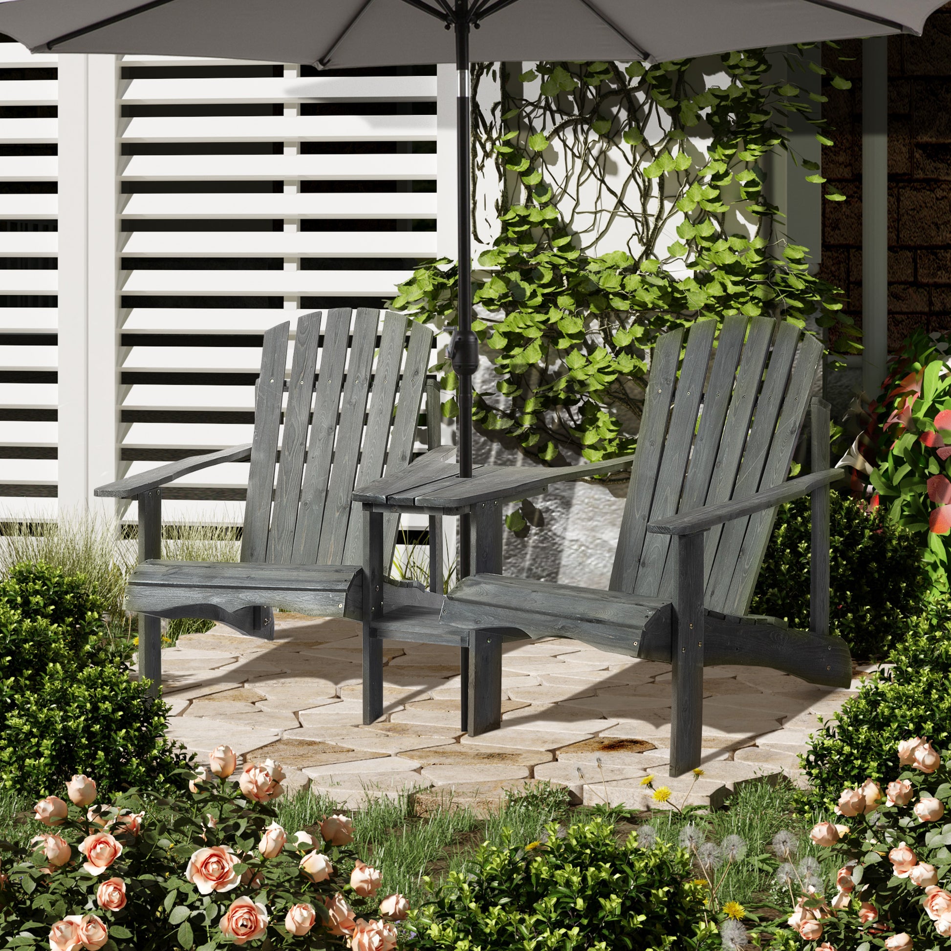 Adirondack Garden Chair with Table and Umbrella Hole 2-Seater Patio Chair Seating Group Patio Furniture for Balcony Solid Wood Gray 178 x 87 x 92 cm