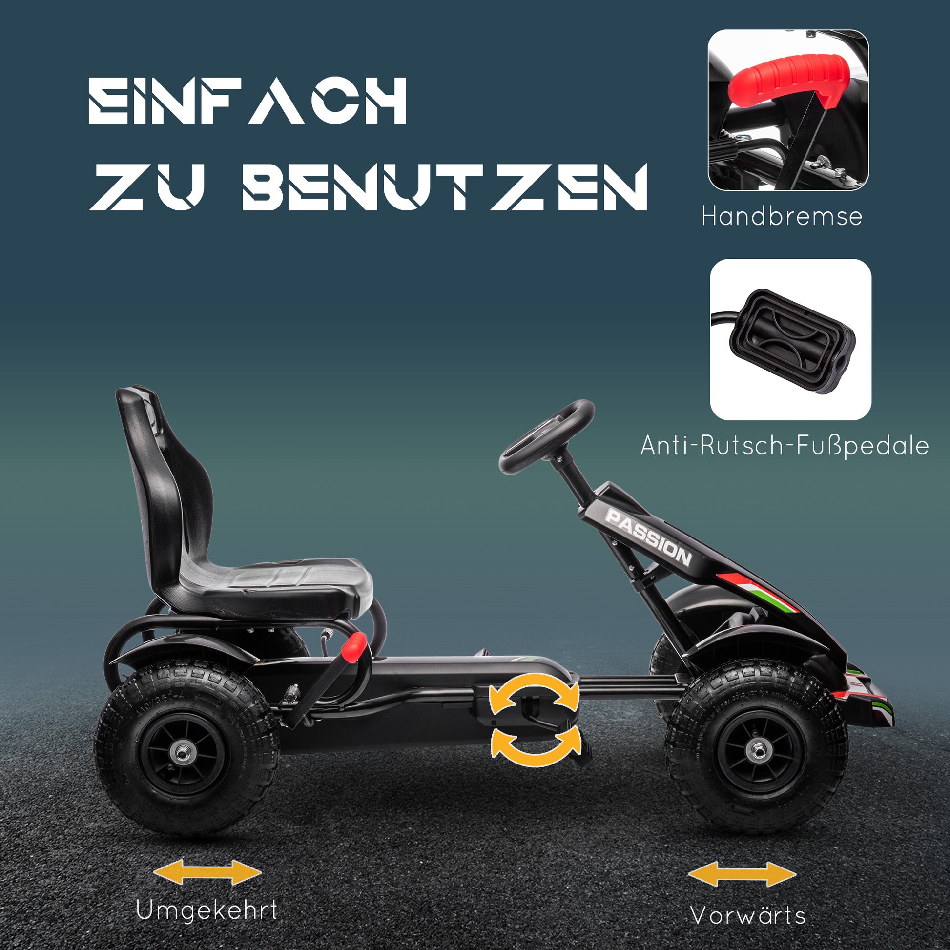 Go-Kart Pedal Car with Handbrake, Adjustable Seat, Forward and Reverse Gears, Pedal Car Toy for Children 5-12 Years Black