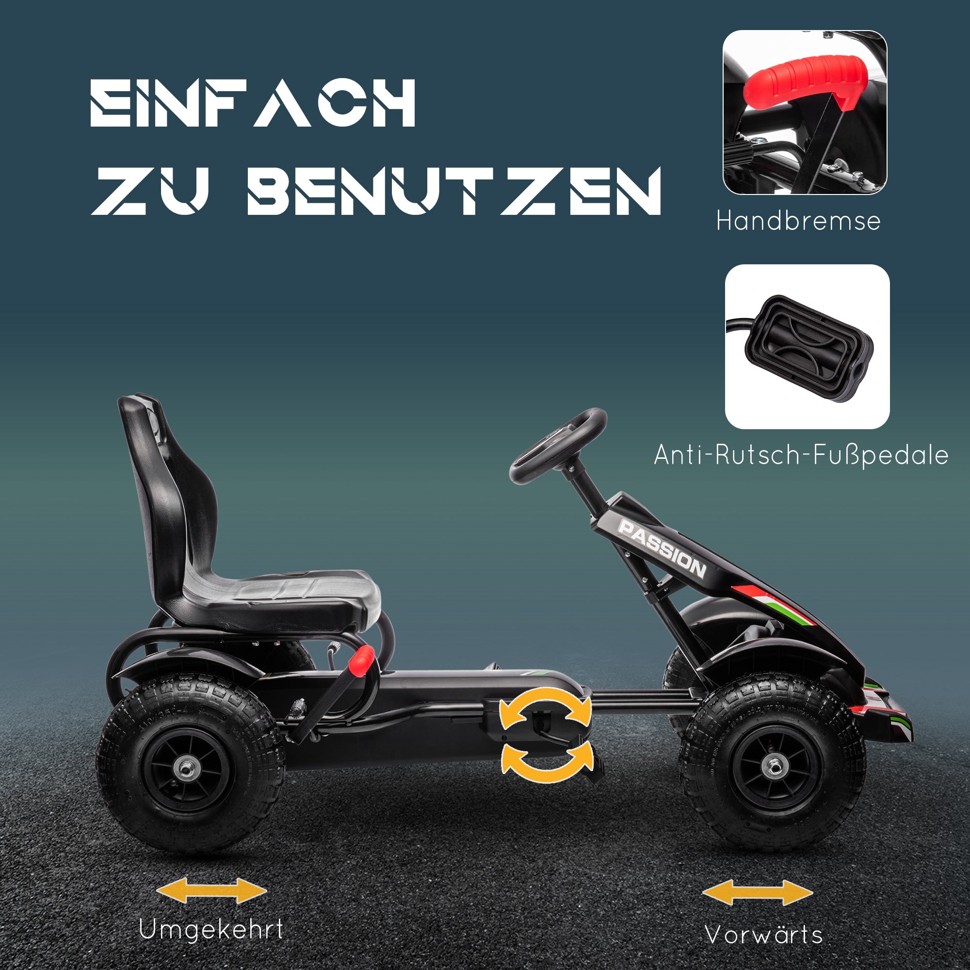 Go-Kart Pedal Car with Handbrake, Adjustable Seat, Forward and Reverse Gears, Pedal Car Toy for Children 5-12 Years Black