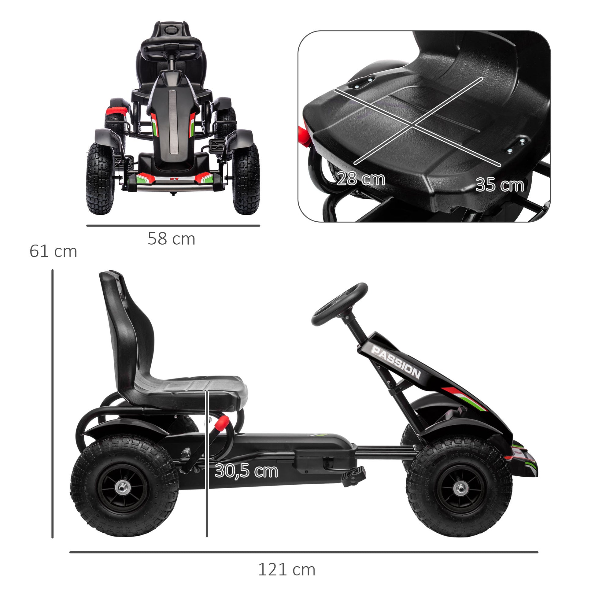 Go-Kart Pedal Car with Handbrake, Adjustable Seat, Forward and Reverse Gears, Pedal Car Toy for Children 5-12 Years Black