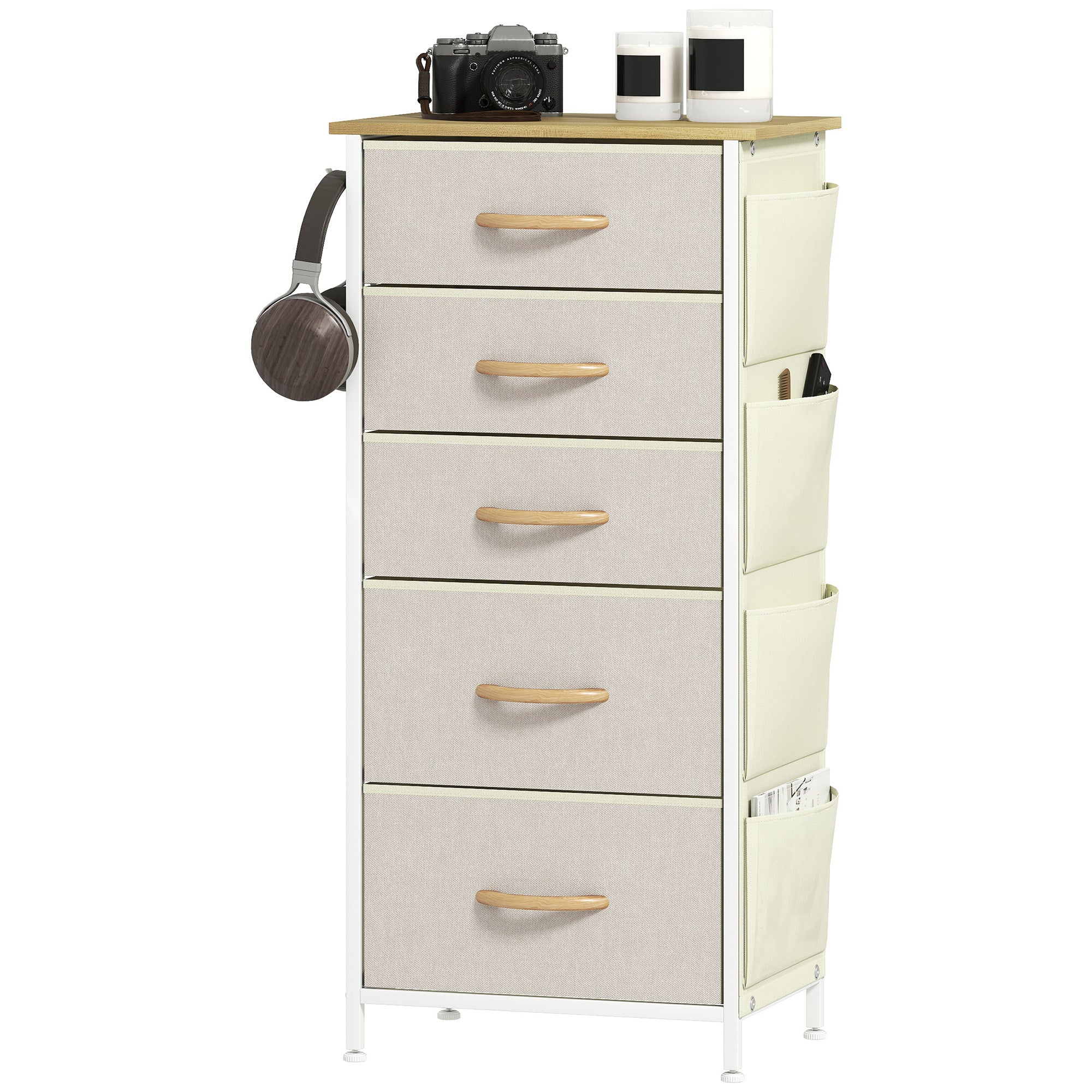 5-Drawer Fabric Dresser with Hooks & Side Pockets, Steel Frame – Beige