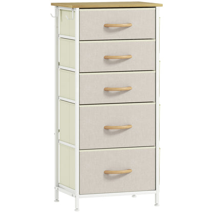 5-Drawer Fabric Dresser with Hooks & Side Pockets, Steel Frame – Beige