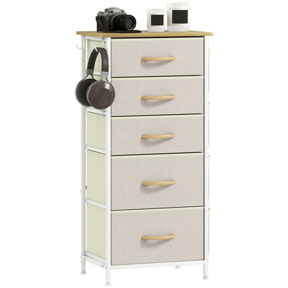 5-Drawer Fabric Dresser with Hooks & Side Pockets, Steel Frame – Beige