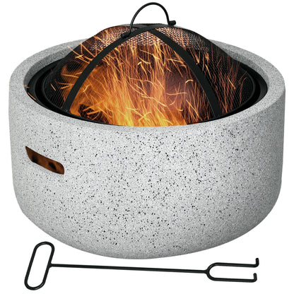 Round Outdoor Fire Pit Garden Fire Bowl with Poker Spark Screen Grate Handle 17.7"D x 13.4"H for Patio Camping Party Gray