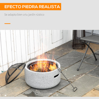 Round Outdoor Fire Pit Garden Fire Bowl with Poker Spark Screen Grate Handle 17.7"D x 13.4"H for Patio Camping Party Gray