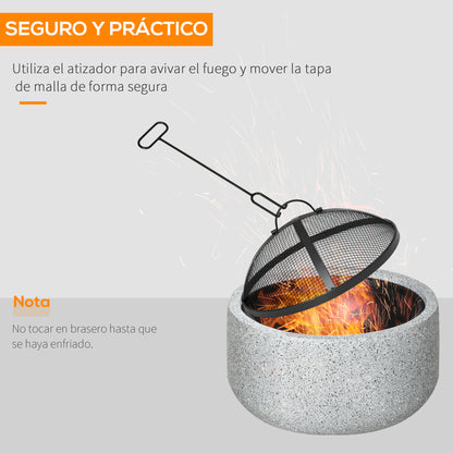 Round Outdoor Fire Pit Garden Fire Bowl with Poker Spark Screen Grate Handle 17.7"D x 13.4"H for Patio Camping Party Gray
