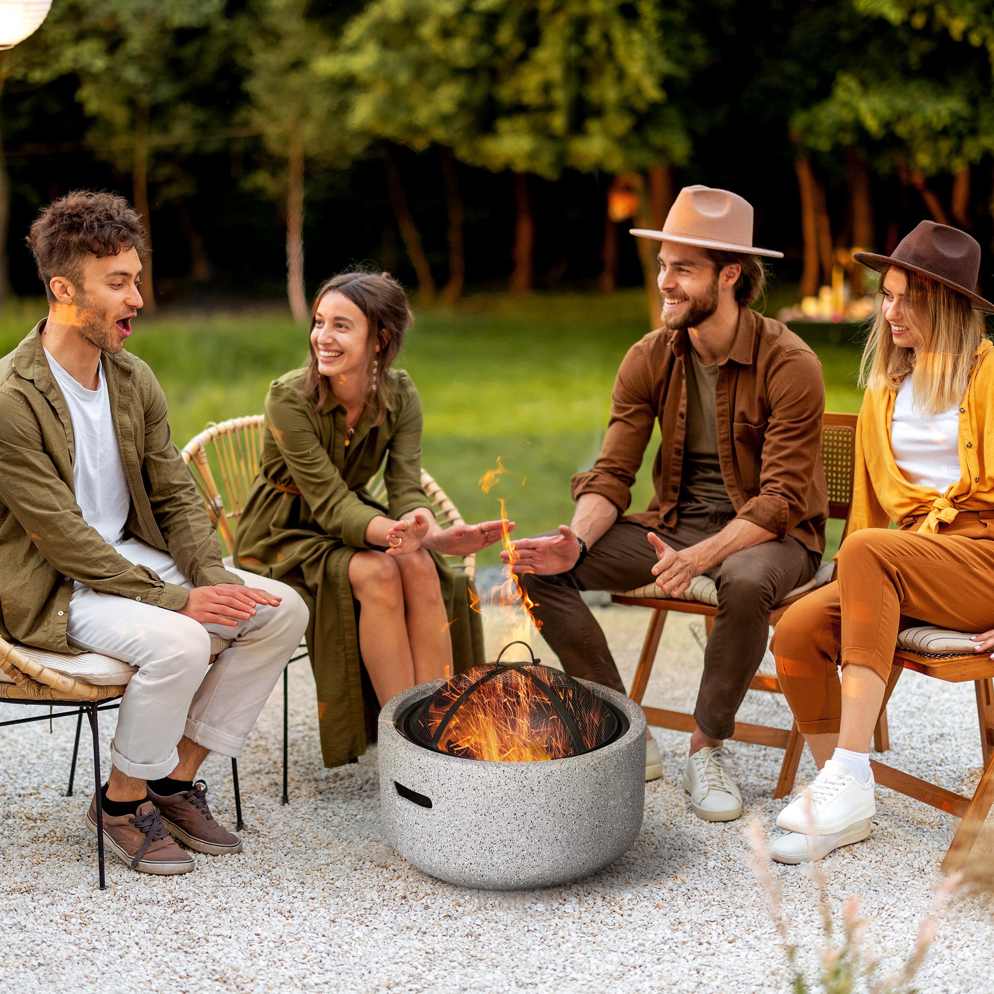 Round Outdoor Fire Pit Garden Fire Bowl with Poker Spark Screen Grate Handle 17.7"D x 13.4"H for Patio Camping Party Gray