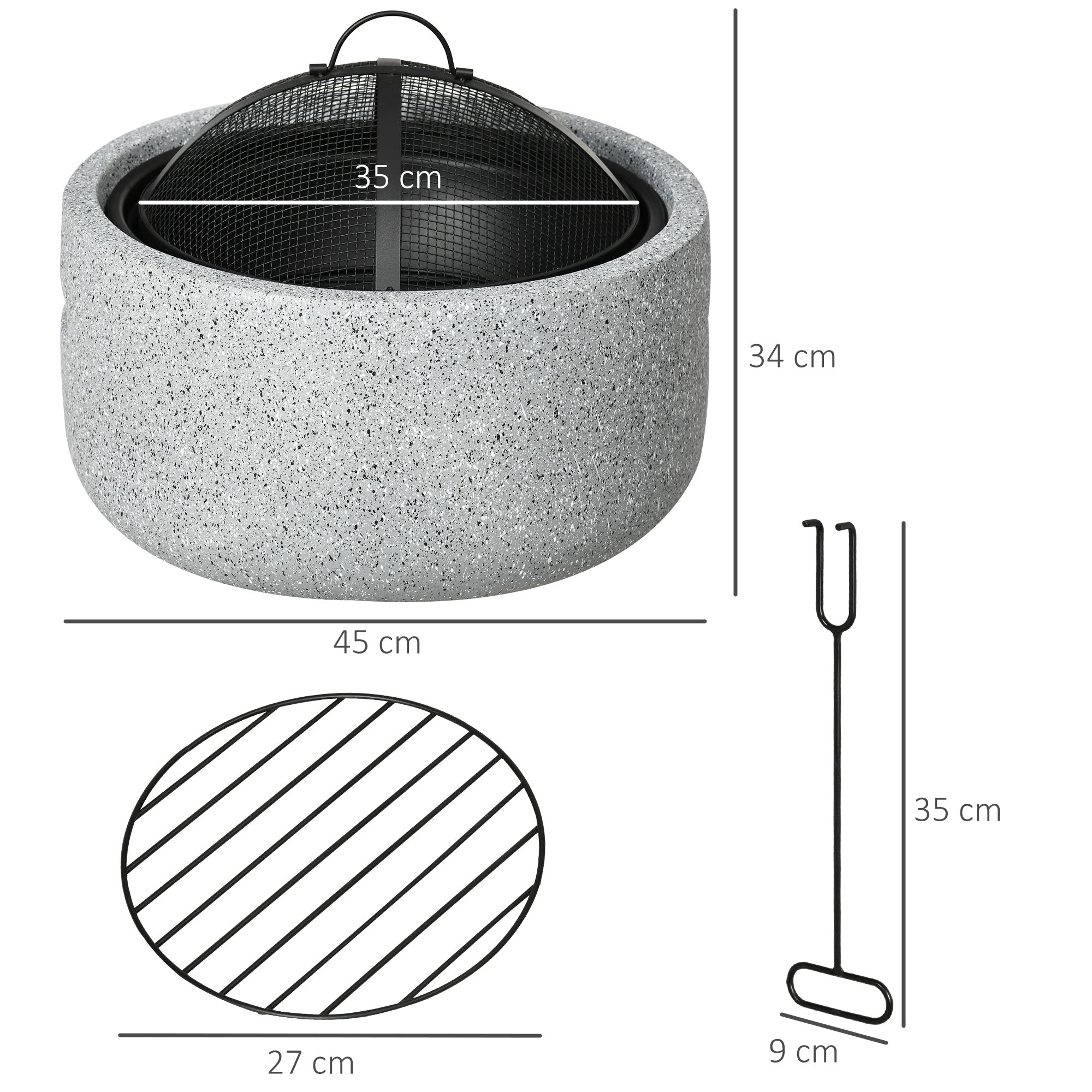 Round Outdoor Fire Pit Garden Fire Bowl with Poker Spark Screen Grate Handle 17.7"D x 13.4"H for Patio Camping Party Gray