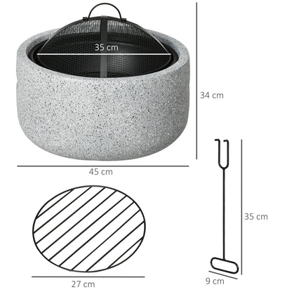 Round Outdoor Fire Pit Garden Fire Bowl with Poker Spark Screen Grate Handle 17.7"D x 13.4"H for Patio Camping Party Gray