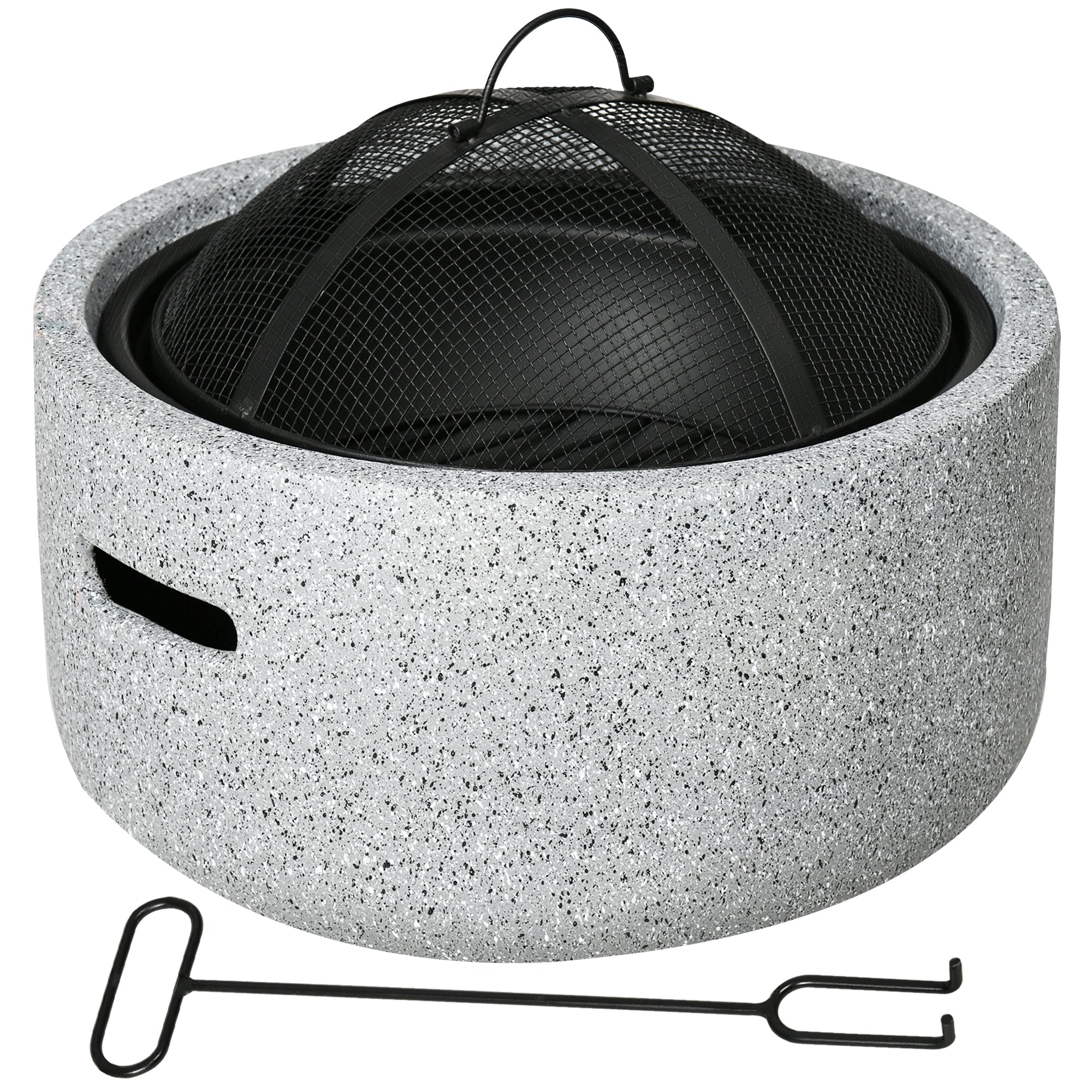 Round Outdoor Fire Pit Garden Fire Bowl with Poker Spark Screen Grate Handle 17.7"D x 13.4"H for Patio Camping Party Gray